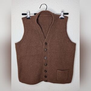 Vtg Handmade Boiled Wool Knit V-Neck Sleeveless Cardigan Brown Button Up Sz Med